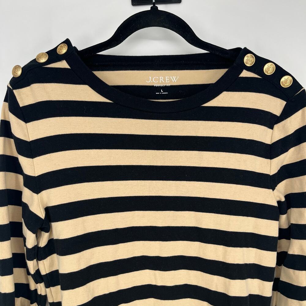J. Crew Perfect Fit Long Sleeve Shirt Size Large Black Tan Striped Gold Buttons - Picture 9 of 9